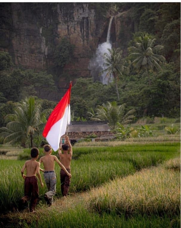 Anak-anak membawa bendera Indonesia di tepi sawah
